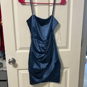 Windsor Blue Ruched Spaghetti Strap Mini Dress